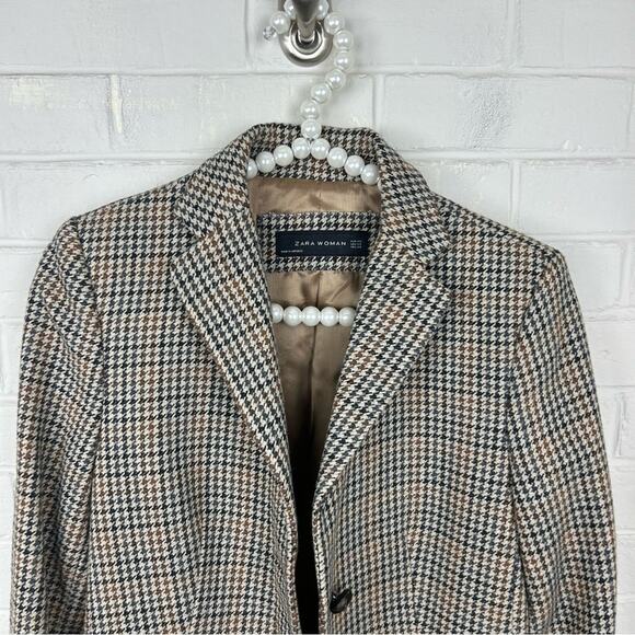 Zara Wool Blend Brown Houndstooth Knit Blazer Jacket Size XS - Picture 3 of 10